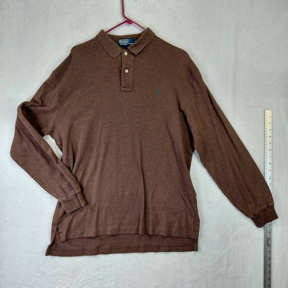 Polo Ralph Lauren Mens Large Brown Long Sleeve Cotton Polo Shirt Green Pony Logo